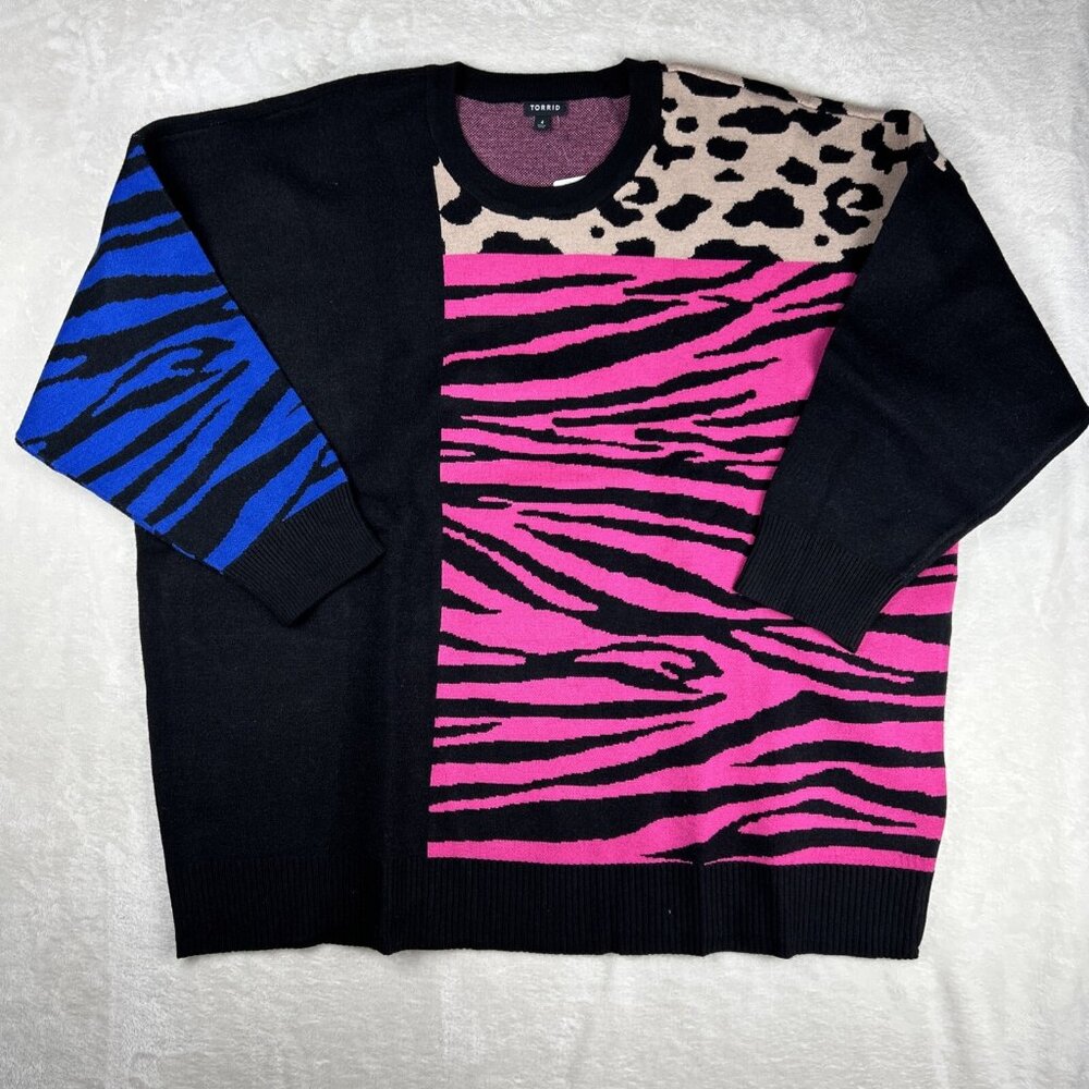 Torrid Mixed Animal Print Pullover Sweater Plus Size 4 4X 26 Cheetah Pink Blue